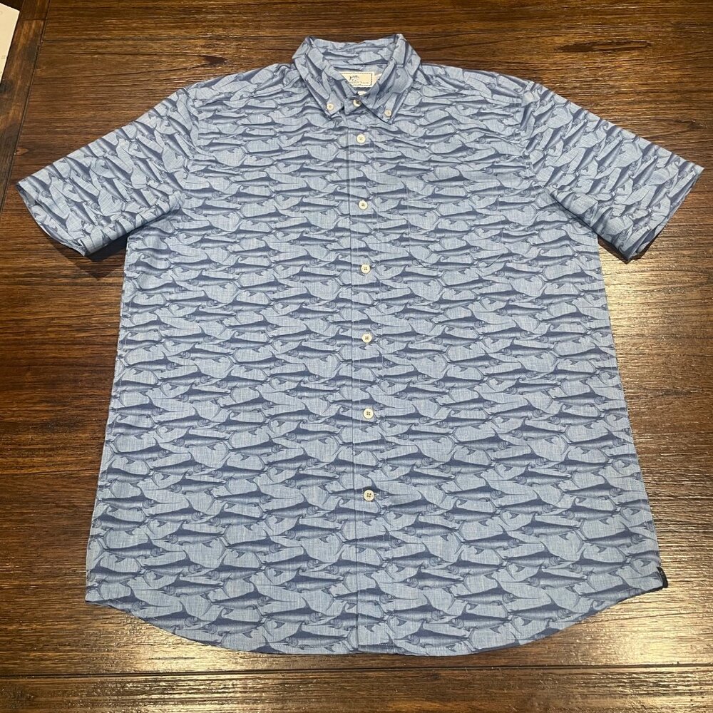 Southern Tide Performance Shirt Mens M Navy Blue Fish Button Down Short Sleeve